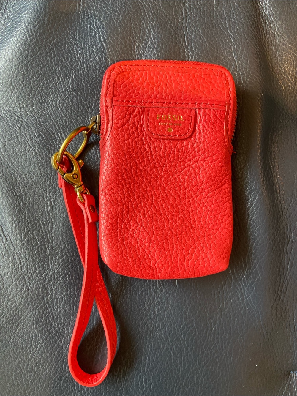 Fossil Coral Red Leather Wristlet Pouch with Strap